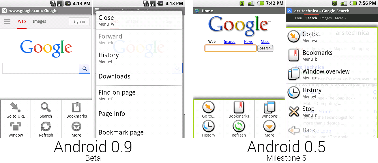 安卓0.9和0.5的浏览器，展现出新的无色彩菜单。