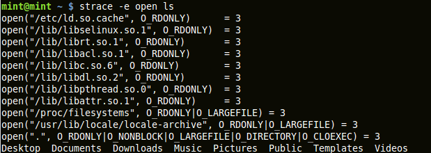 output of strace filtering only the open system call