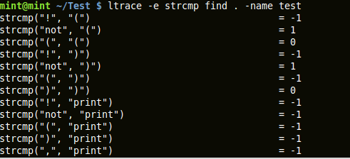 output of ltrace capturing ‘strcmp’ library call