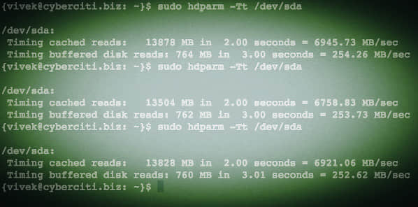 Fig.02: Linux hdparm command to test reading and caching disk performance