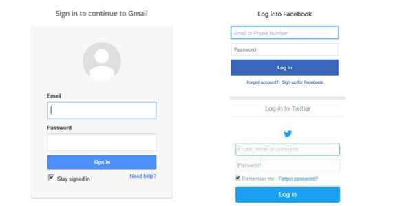 gmail, facebook login page