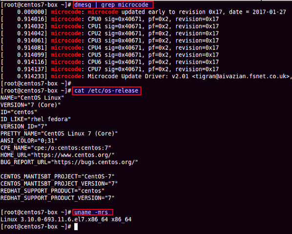 Verify microcode update on a CentOS RHEL Fedora Ubuntu Debian Linux