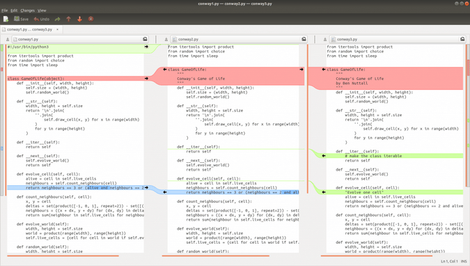 Comparing three files in Meld