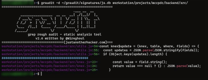 JavaScript file showing Graudit display of vulnerable code