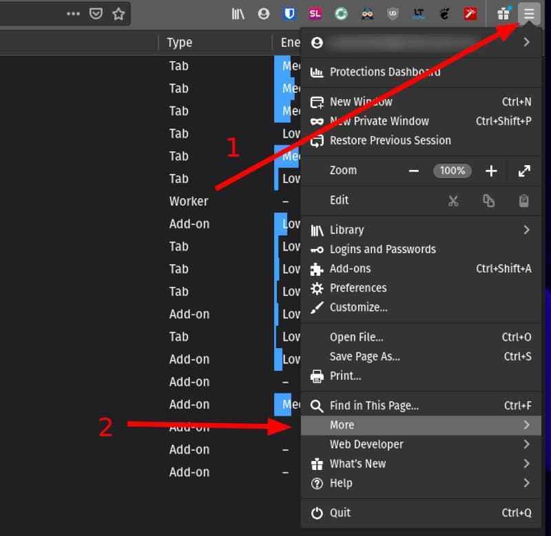 Accessing task manager in Firefox