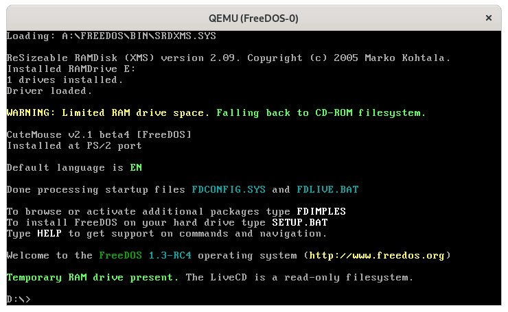 Booting the FreeDOS 1.3 RC4 LiveCD on QEMU