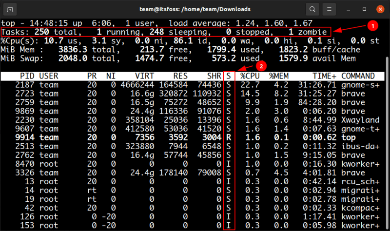 Top command show processes and their status