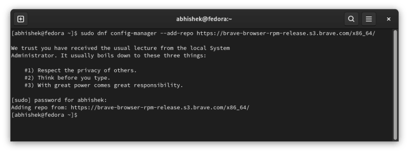 Adding Brave Browser repository in Fedora Linux