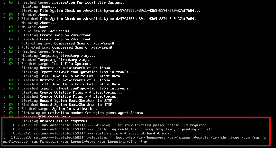 SELinux Filesystem Relabeling In Progress