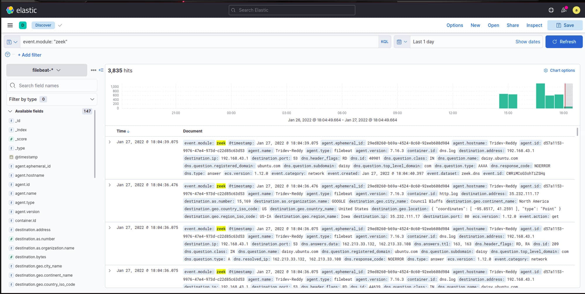 Figure 7: Filtered data by event.module query