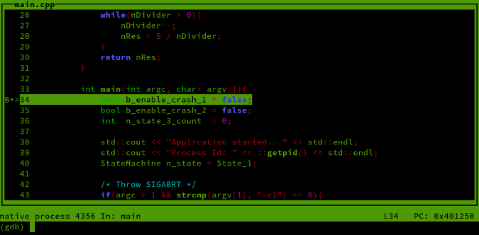 gdb output break at main