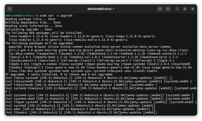 Running an upgrade simulation with apt command