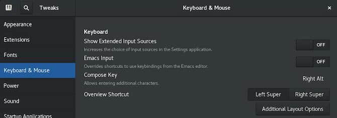 A screenshot shows the keyboard and mouse options visible. The “Compose Key” option is set to Right Alt.