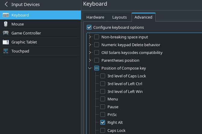 A screenshot shows the advanced options threaded under Keyboard settings. “Configure keyboard options” is checked, “Position of Compose Key” is checked within that menu, and “Right Alt” is checked within that menu.