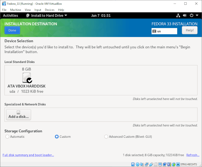 Selecting Custom partition configuration