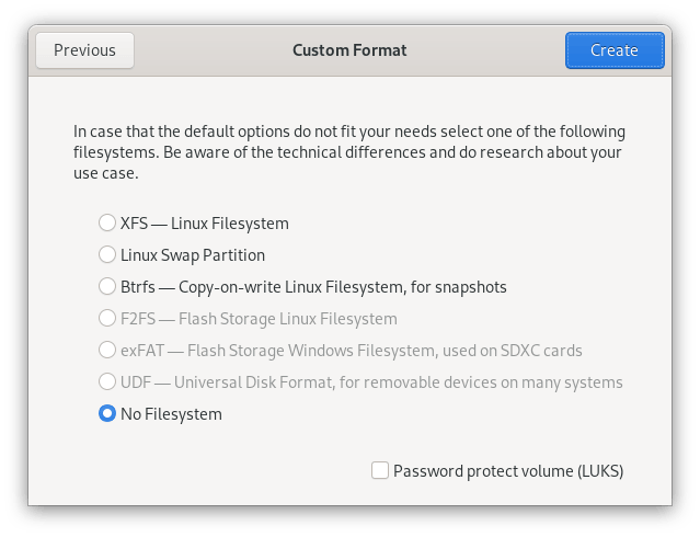 Setting “No filesystem” on new partition