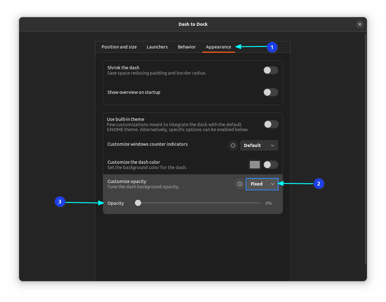 opacity setting for dash to dock