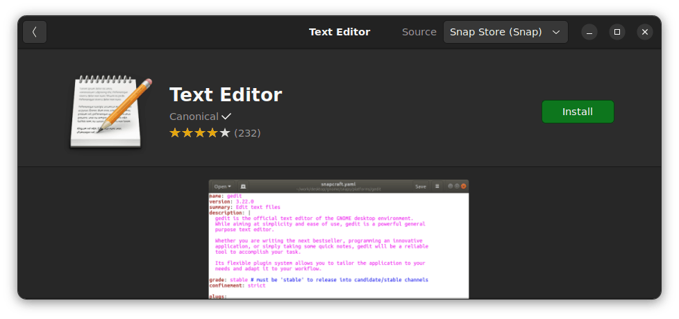 Gedit 也可以在 Ubuntu 的 Snap 商店中找到