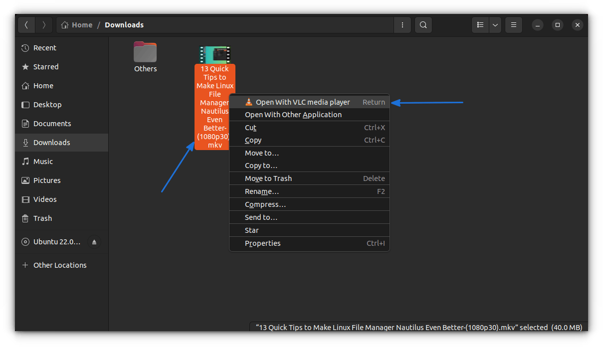 使用 nautilus 文件管理器中的 vlc 播放器打开媒体文件