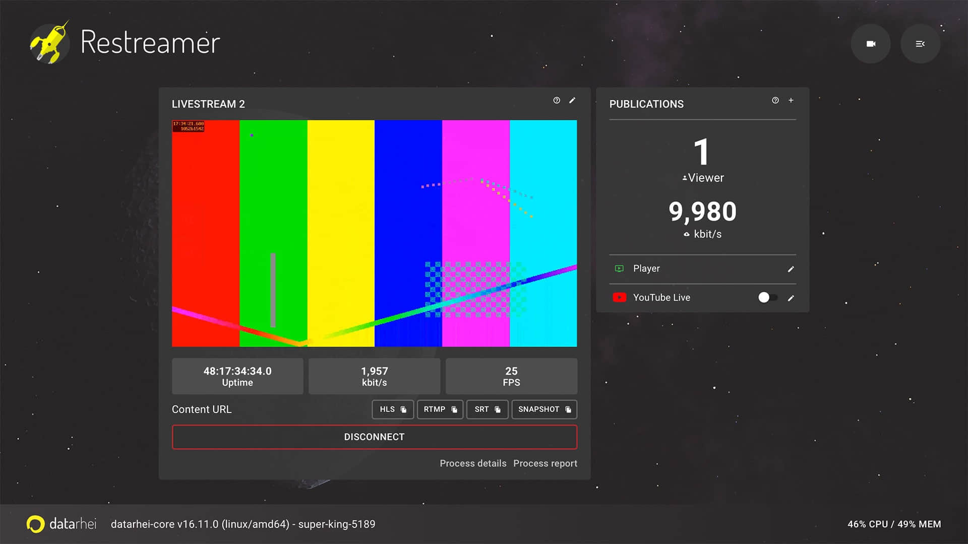 datarhei Restreamer dashboard