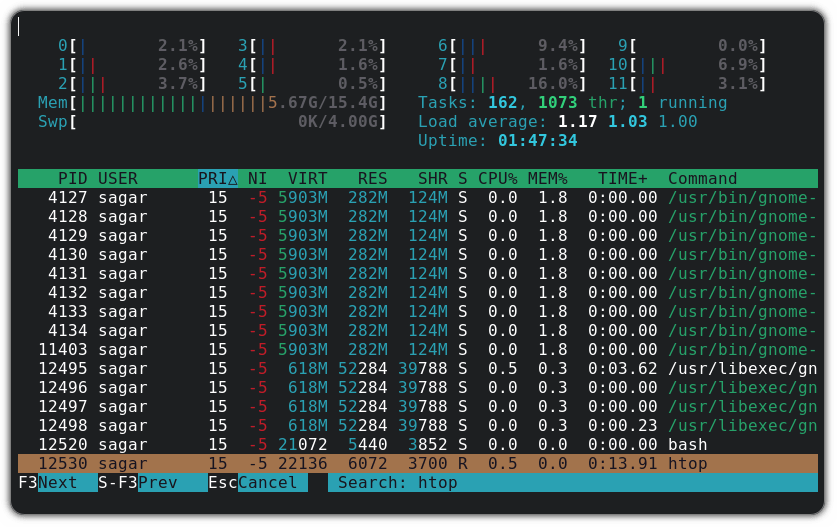 在 htop 中搜索进程