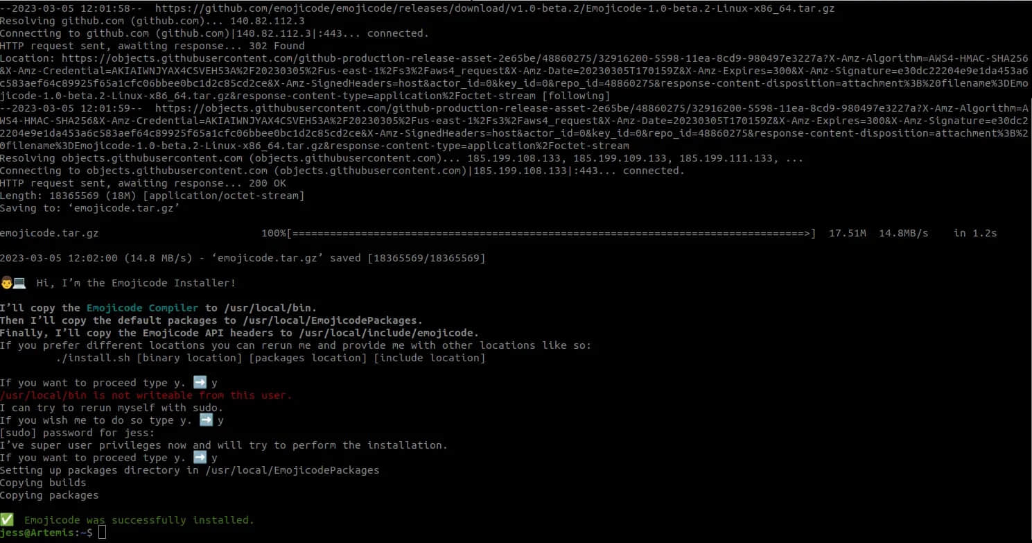 The emojicode installation procedure provides useful feedback along the way.