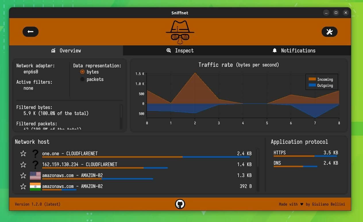 a screenshot of sniffnet running on linux
