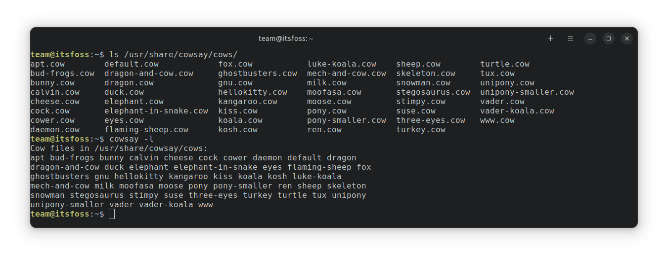 使用 “ls /usr/share/cowsay/cows/” 和 “cowsay -l” 列出的各种默认 cowsay 图像