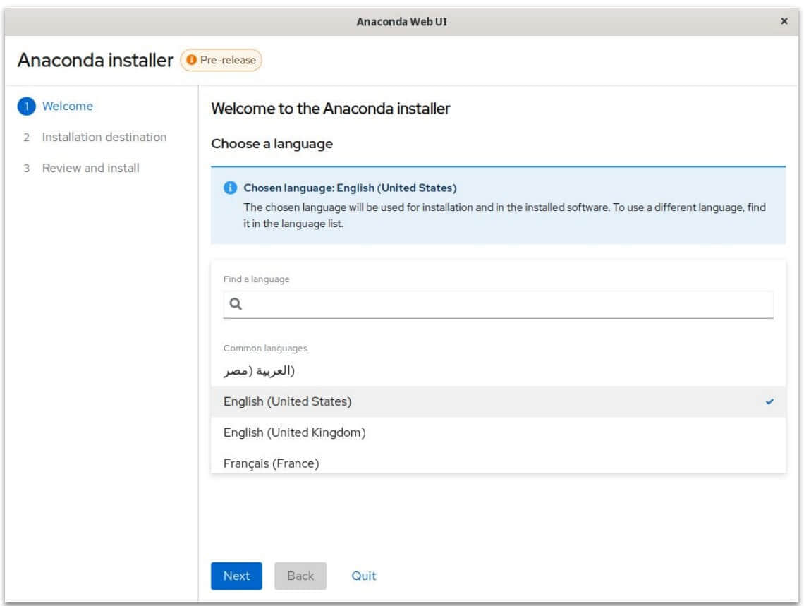 anaconda webui 安装程序的预发布屏幕截图