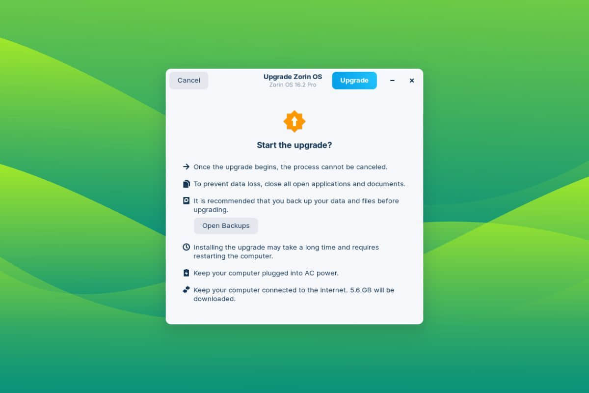 a screenshot of the zorin os updater’s start the upgrade screen