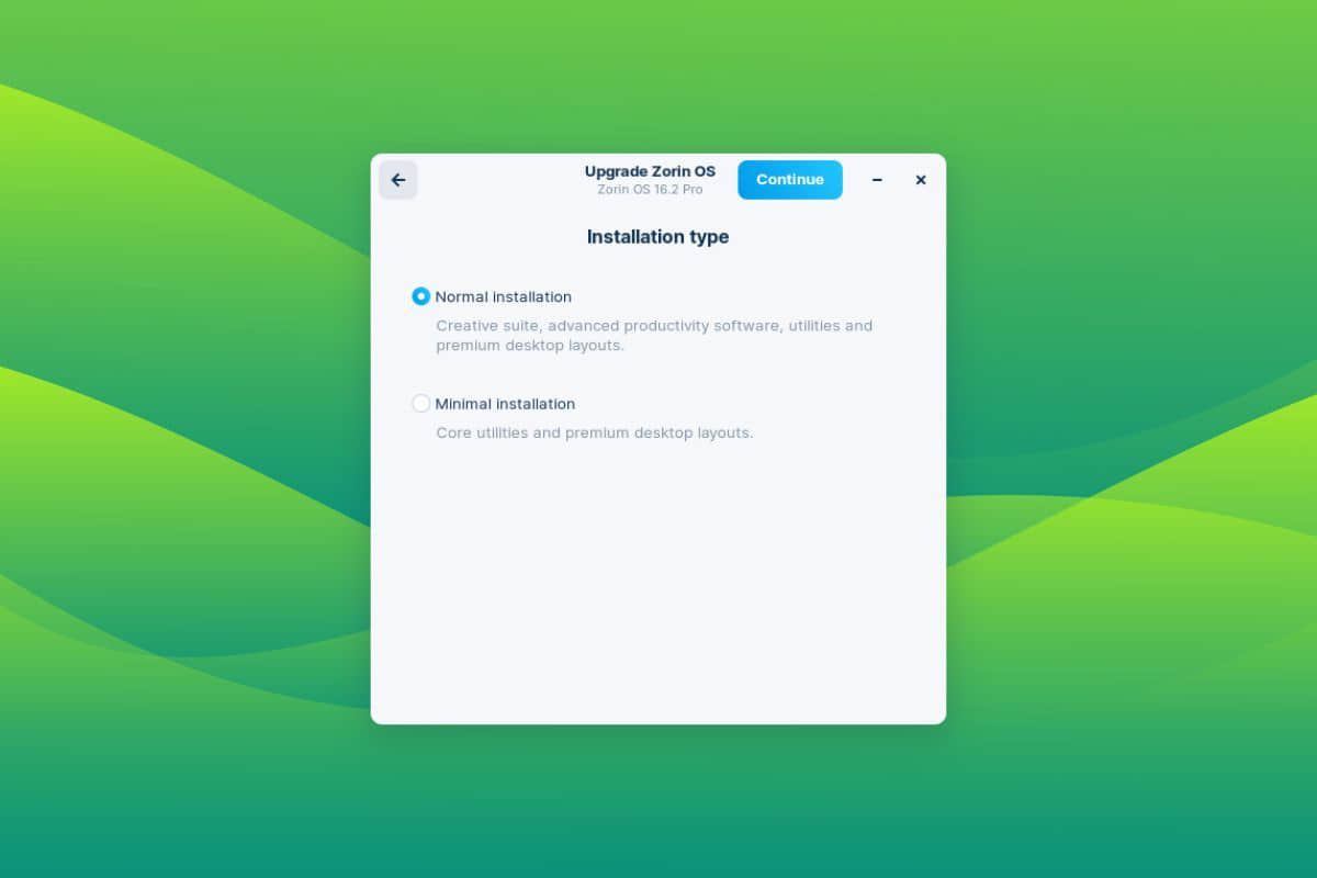 a screenshot of the zorin os updater’s installation type selection screen