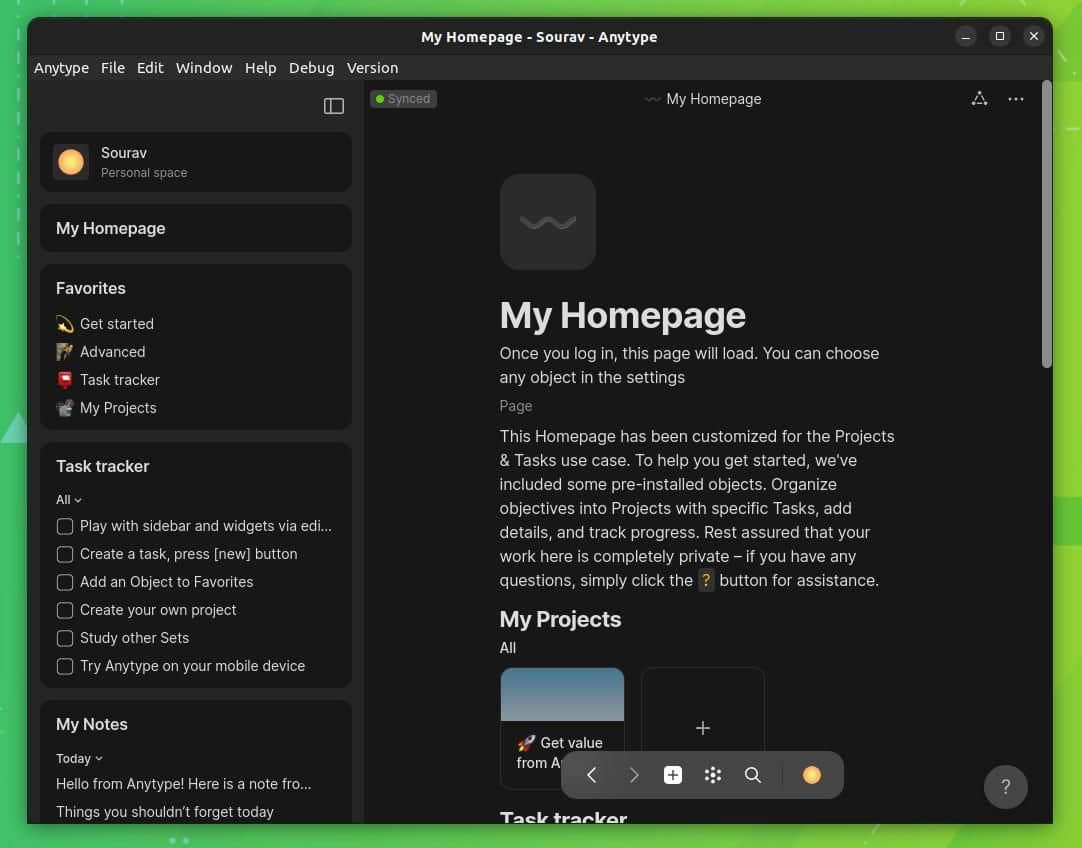 a screenshot of anytype’s my homepage screen