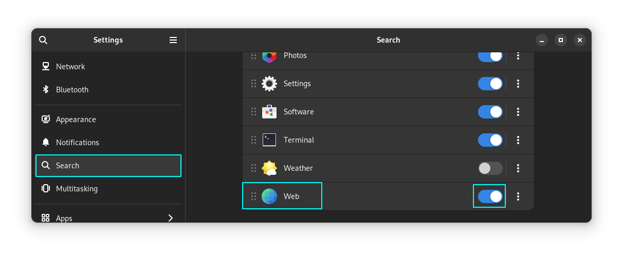 搜索设置中的 GNOME Web